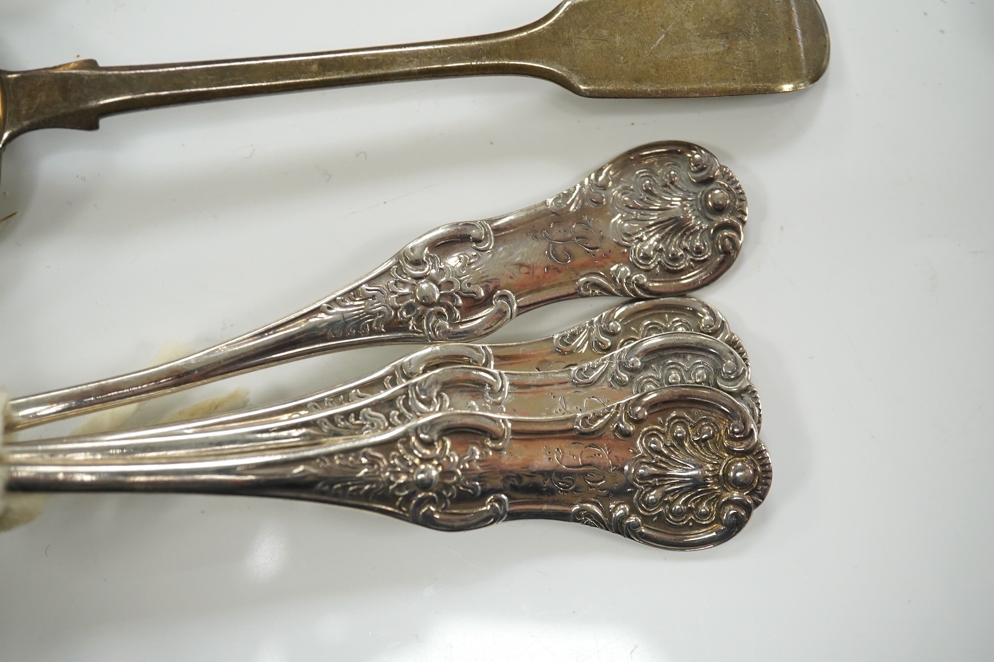 A set of four George V silver dog nose spoons by Tessiers Ltd, London, 1932/5/6, 16.1cm, a silver cigarette holder case and sundry minor flatware including two plated items, weighable silver 16.5oz. Condition - poor to f